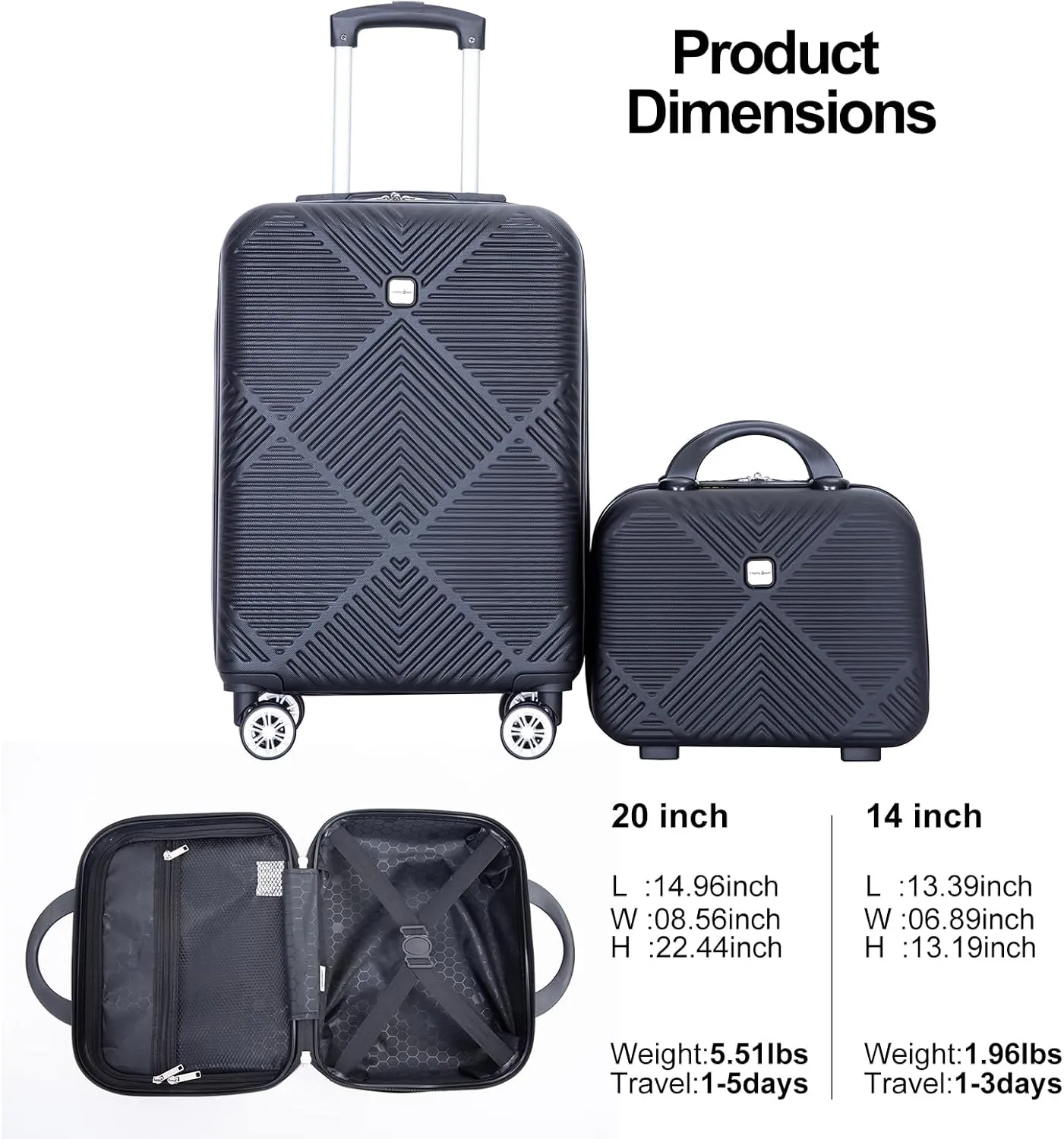 2 Piece Carry on Luggage Set, Airline Approved 20 Inch Luggage with Cosmetic Case Hard Shell Suitcase with Spinner Wheels, Lightweight Hardside Suitcases Set, Dark Black
