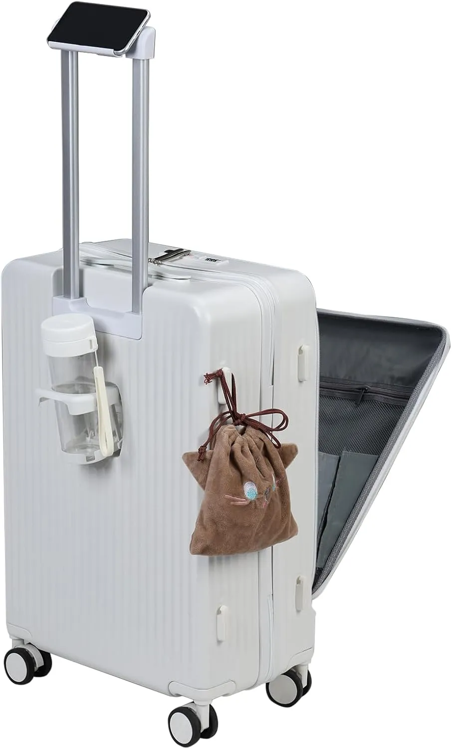 24in Aluminium Frame Hardside Expandable Spinner Wheel Luggage, Front Open Carry on Luggage, Built-in lock Carry on Suitcase, with Cup Holder & USB Type-C Charging Port & Phone Stand White