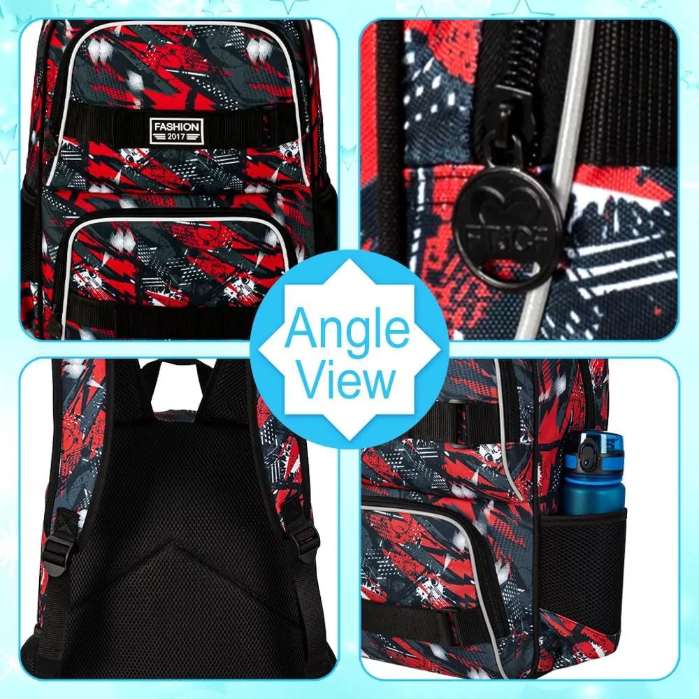 3PCS Backpacks for Boys, 17" Water Resistant Kids Bookbag with Lunch Box, Cute School Bag Set for College Teenagers High Middle Elementary - Graffiti Red