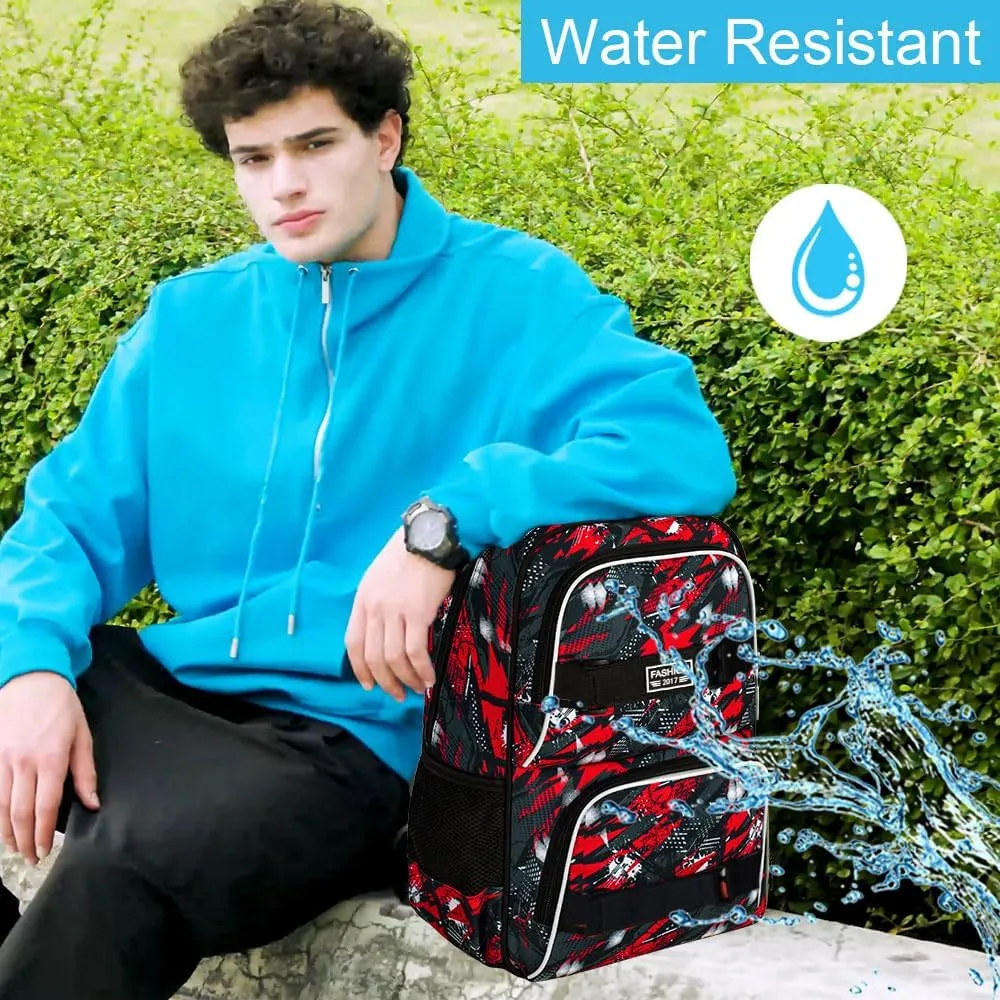 3PCS Backpacks for Boys, 17" Water Resistant Kids Bookbag with Lunch Box, Cute School Bag Set for College Teenagers High Middle Elementary - Graffiti Red