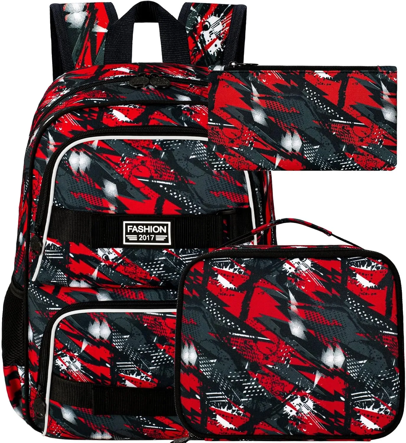 3PCS Backpacks for Boys, 17" Water Resistant Kids Bookbag with Lunch Box, Cute School Bag Set for College Teenagers High Middle Elementary - Graffiti Red