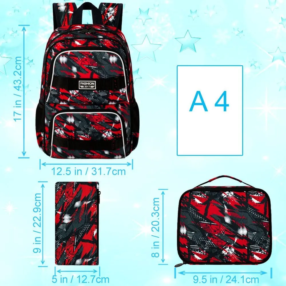 3PCS Backpacks for Boys, 17" Water Resistant Kids Bookbag with Lunch Box, Cute School Bag Set for College Teenagers High Middle Elementary - Graffiti Red