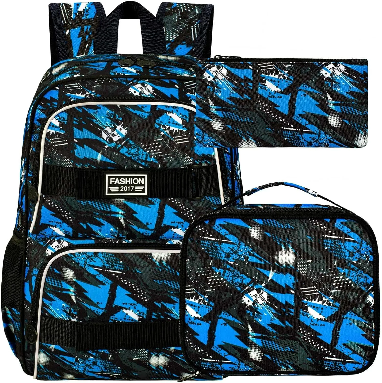 3PCS Boys Backpack, 17" Water Resistant School Bag with Lunch Box, Cute School Bag Set for College Teenagers High Middle Elementary - Graffiti Blue