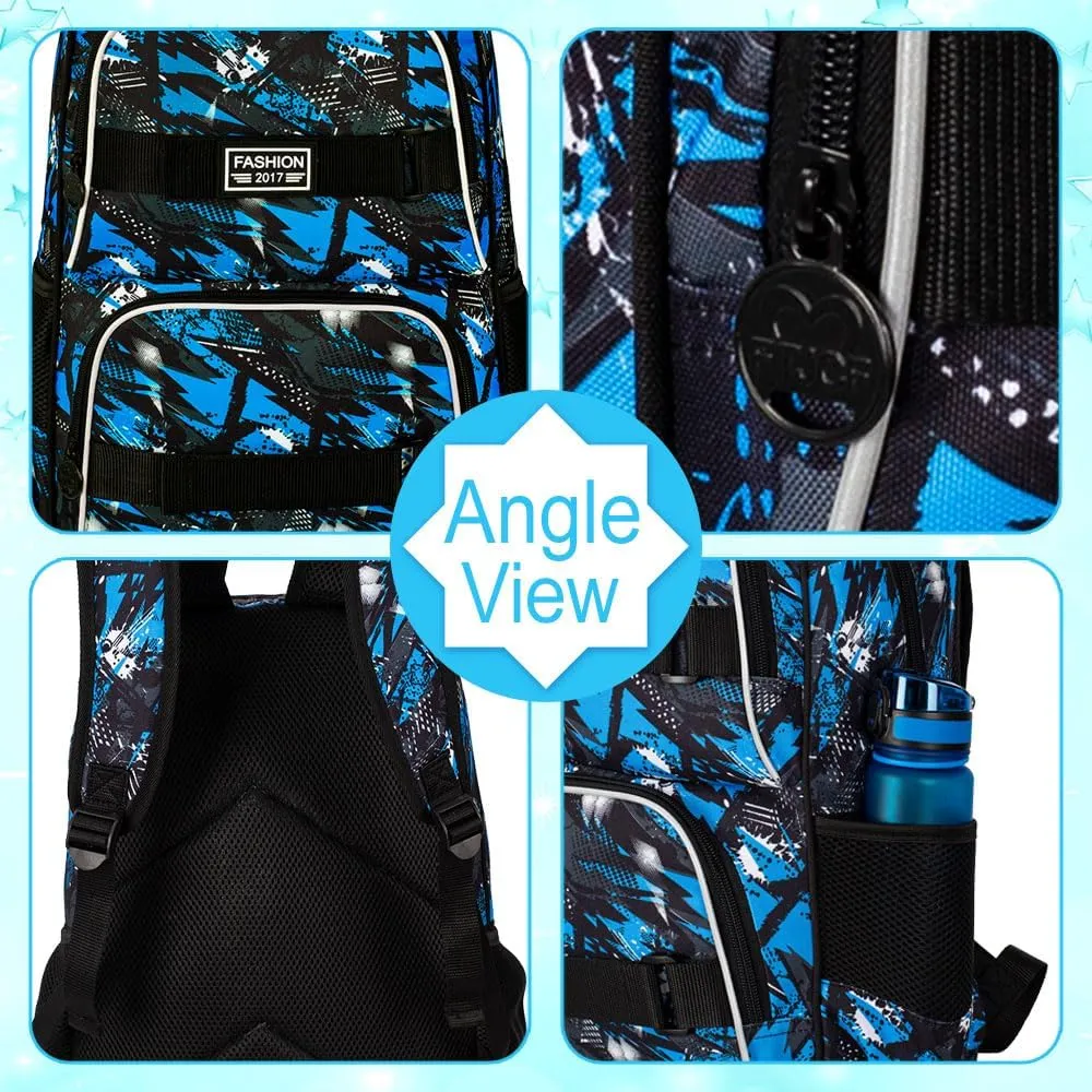 3PCS Boys Backpack, 17" Water Resistant School Bag with Lunch Box, Cute School Bag Set for College Teenagers High Middle Elementary - Graffiti Blue