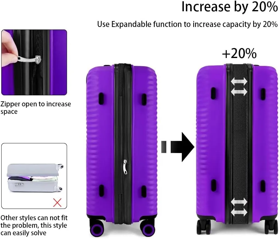 3Pcs Purple Luggage Sets,Lightweight Durable Suitcase Sets w/TSA Lock & Double Spinner Wheels(20in/24in/28in)
