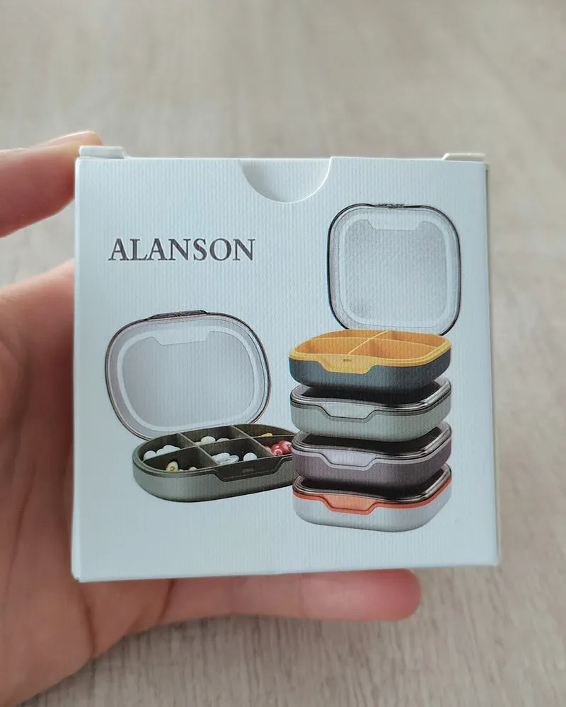 ALANSON Pill box ，4 Compartments Travel Pill Organizer Moisture Proof Small Pill Box for Pocket Purse Daily Pill Case Portable Medicine Vitamin Holder Container