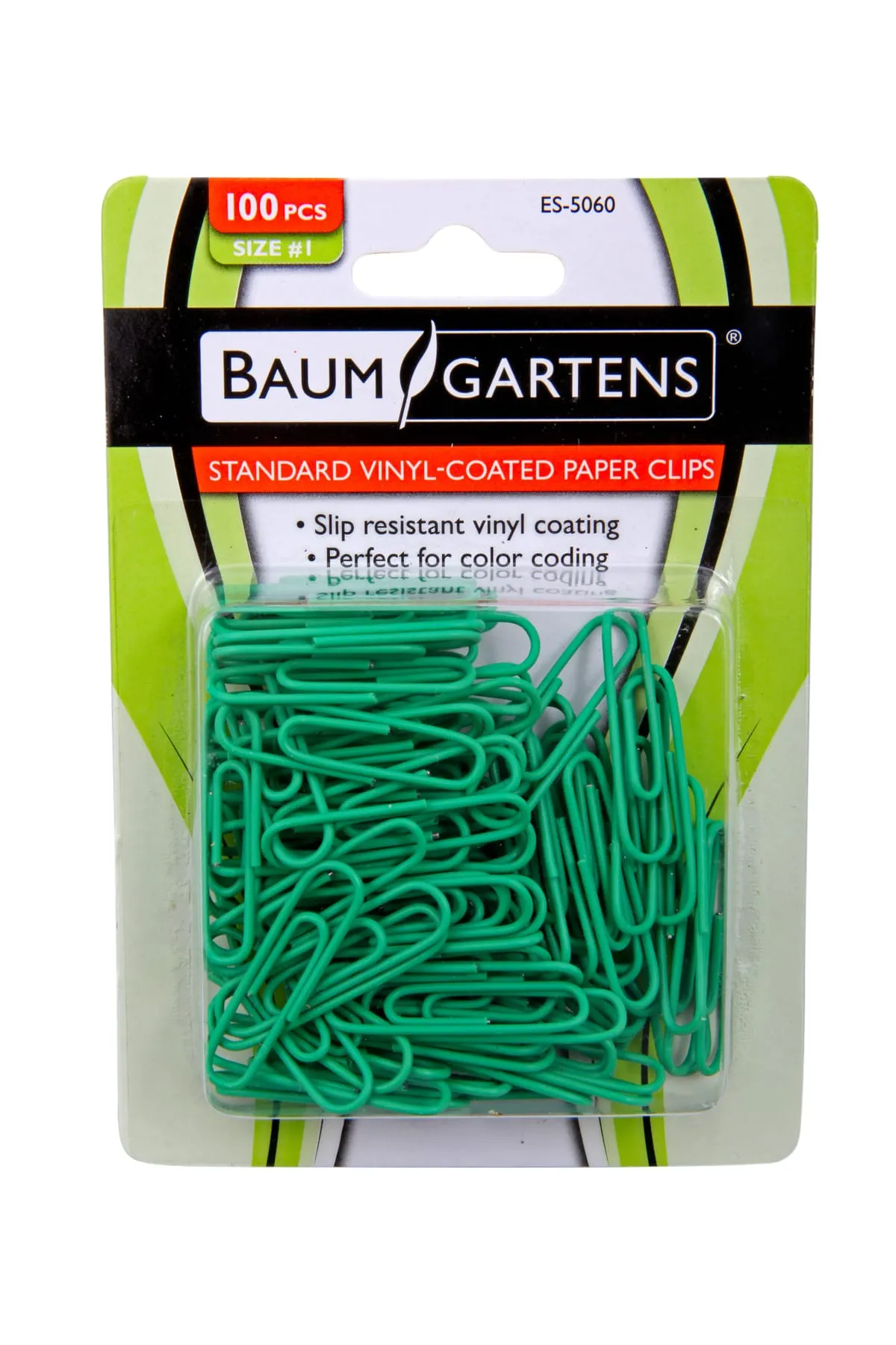 Baumgartens Vinyl Coated Paper Clips #1 Standard Size 100 Pack GREEN (ES-5060)