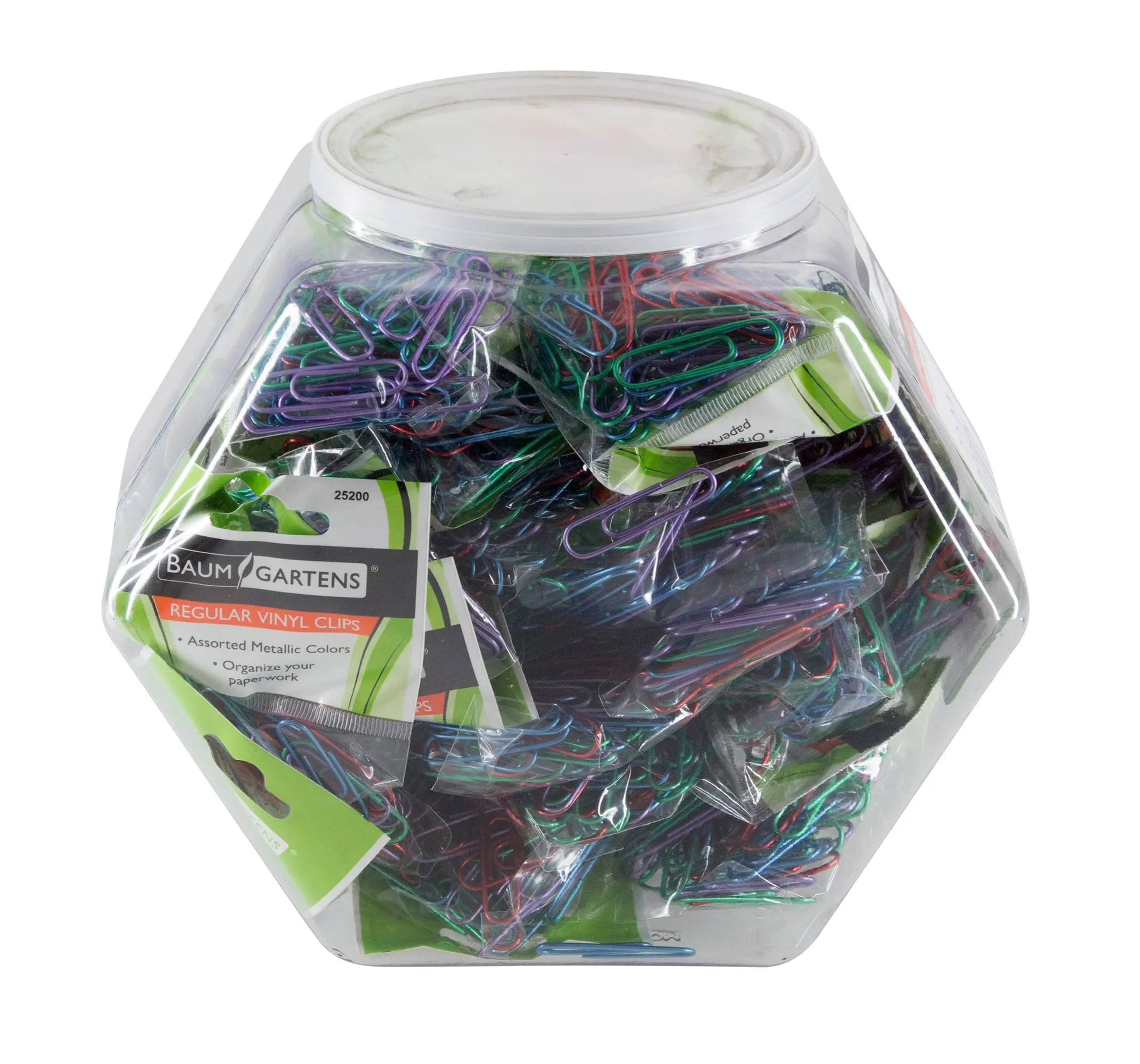 Baumgartens Vinyl Coated Paper Clips Metallic 4" Hexagonal Tub Display of 100 ASSORTED Colors (26749)