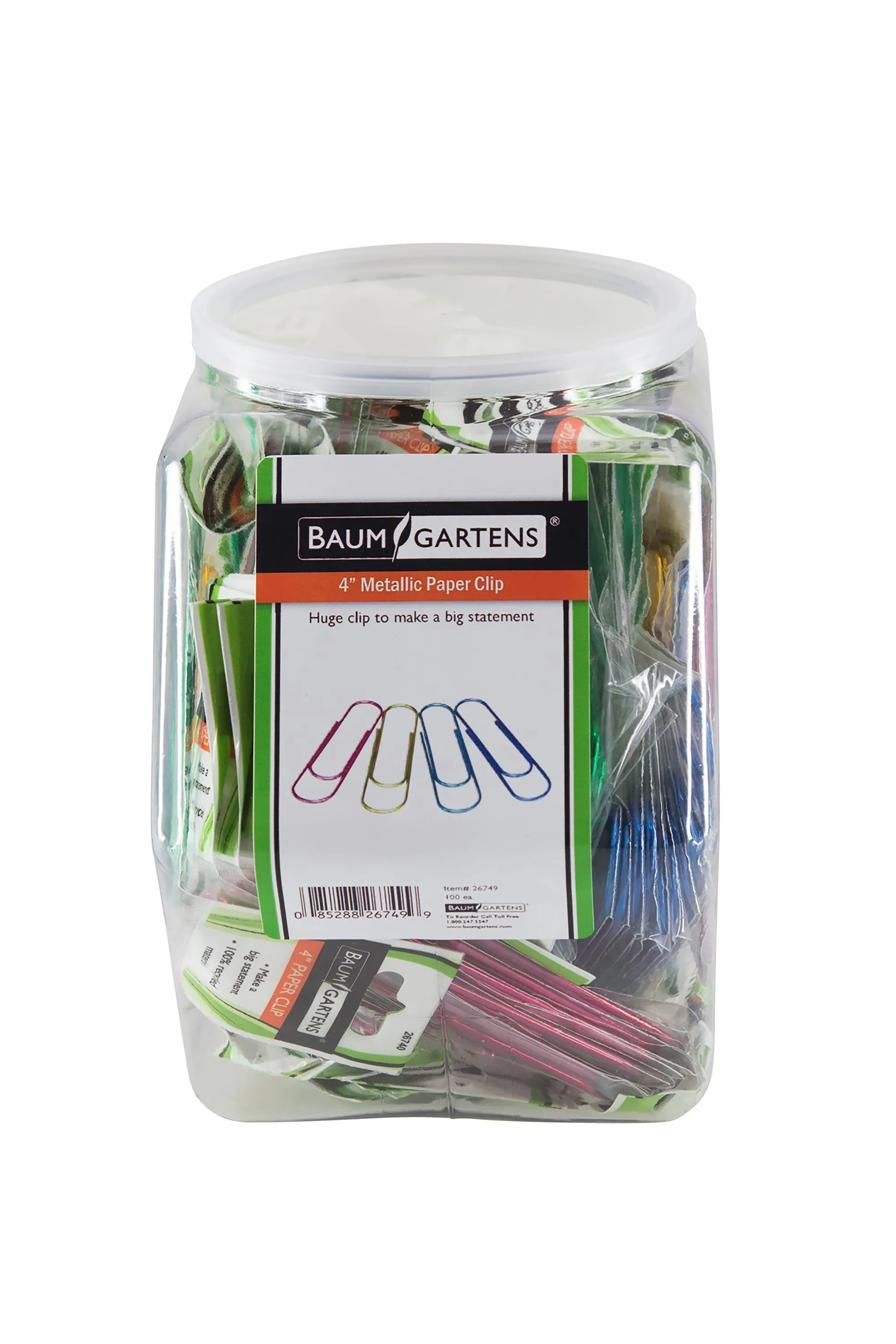 Baumgartens Vinyl Coated Paper Clips Metallic 4" Hexagonal Tub Display of 100 ASSORTED Colors (26749)