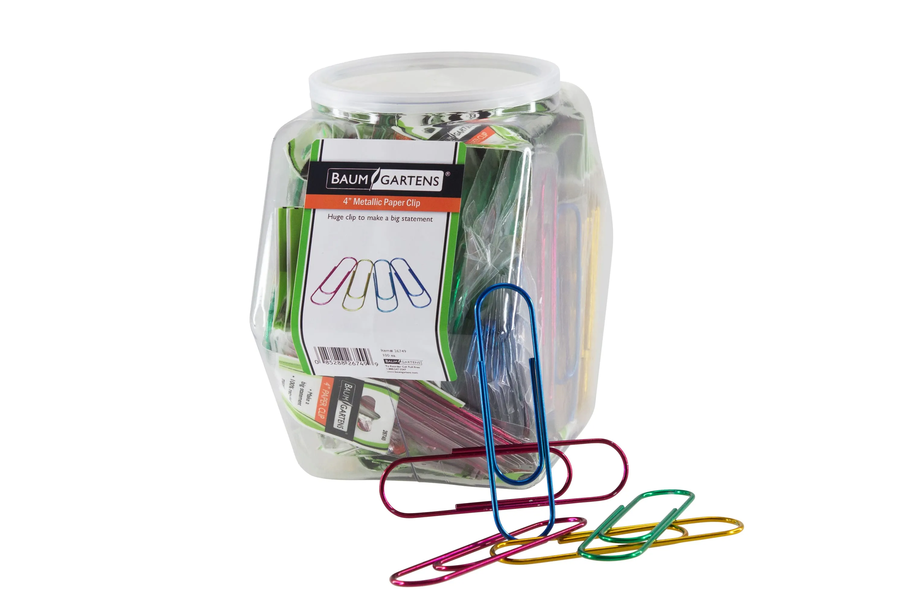 Baumgartens Vinyl Coated Paper Clips Metallic 4" Hexagonal Tub Display of 100 ASSORTED Colors (26749)