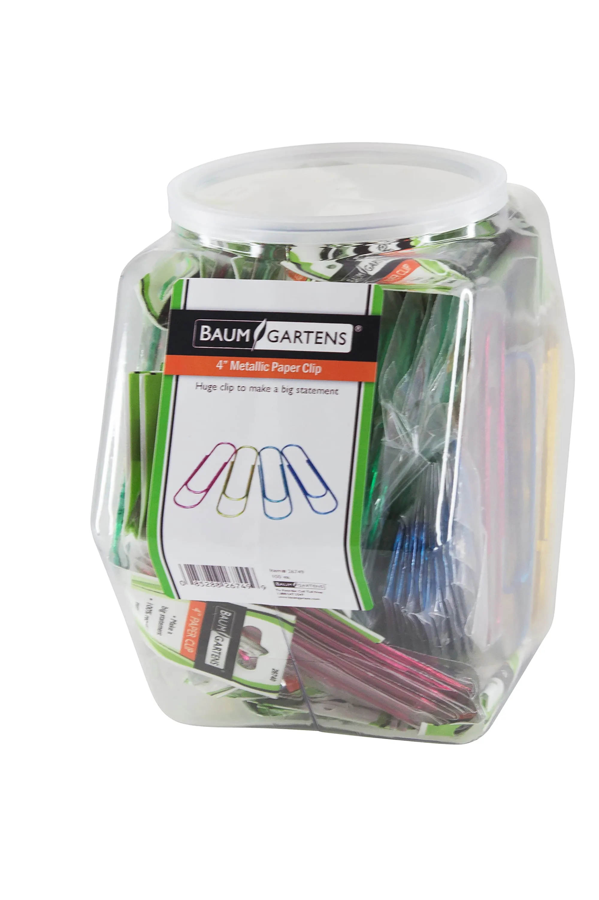 Baumgartens Vinyl Coated Paper Clips Metallic 4" Hexagonal Tub Display of 100 ASSORTED Colors (26749)