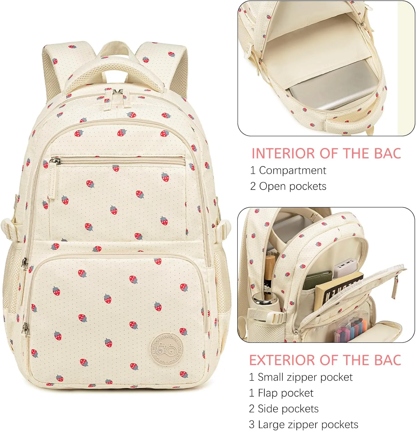 Bluboon Backpacks for School Girls Backpack Kids Bookbag Cute Backpack 8-12 School Supplies (Strawberry Beige)