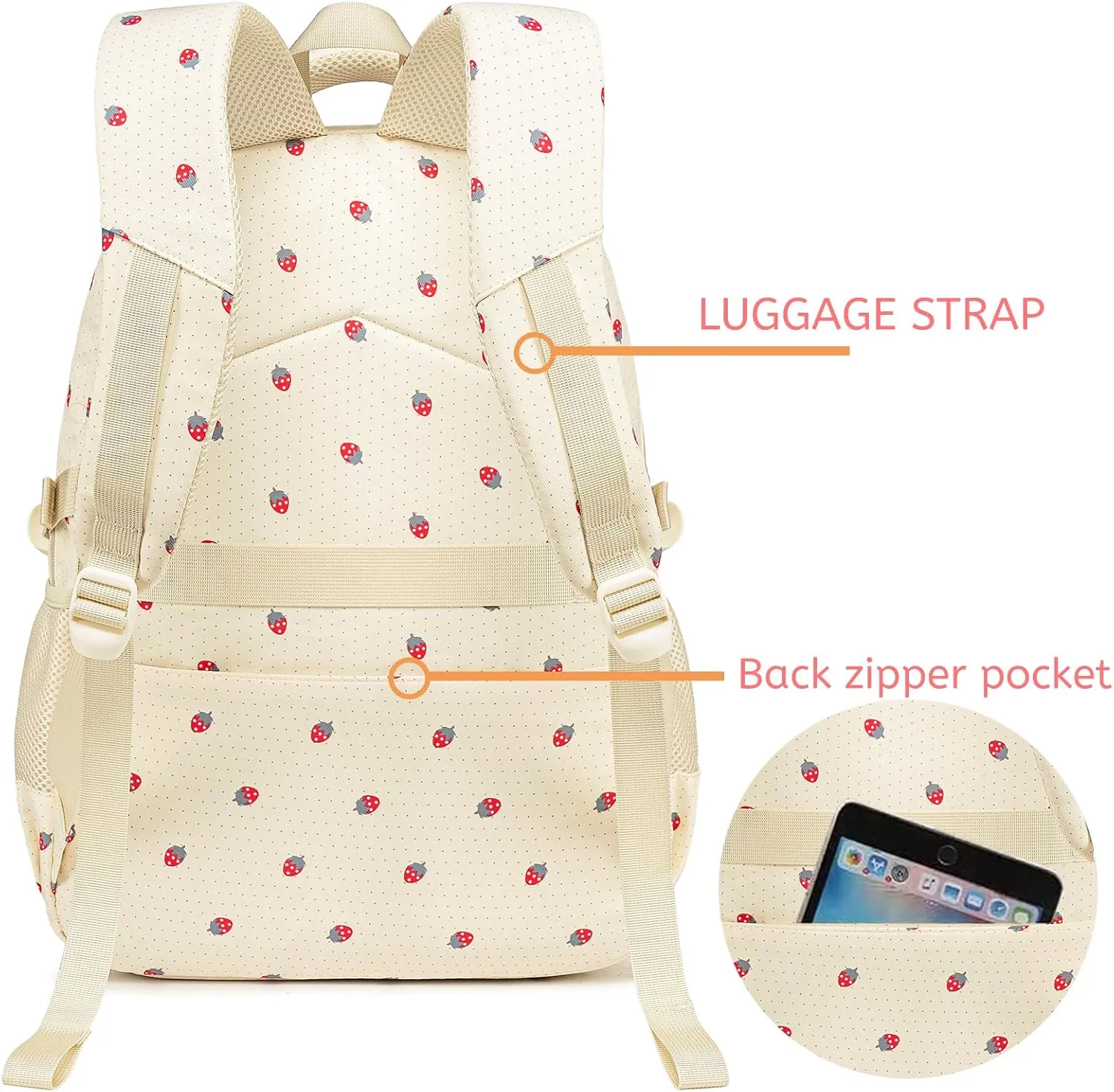 Bluboon Backpacks for School Girls Backpack Kids Bookbag Cute Backpack 8-12 School Supplies (Strawberry Beige)