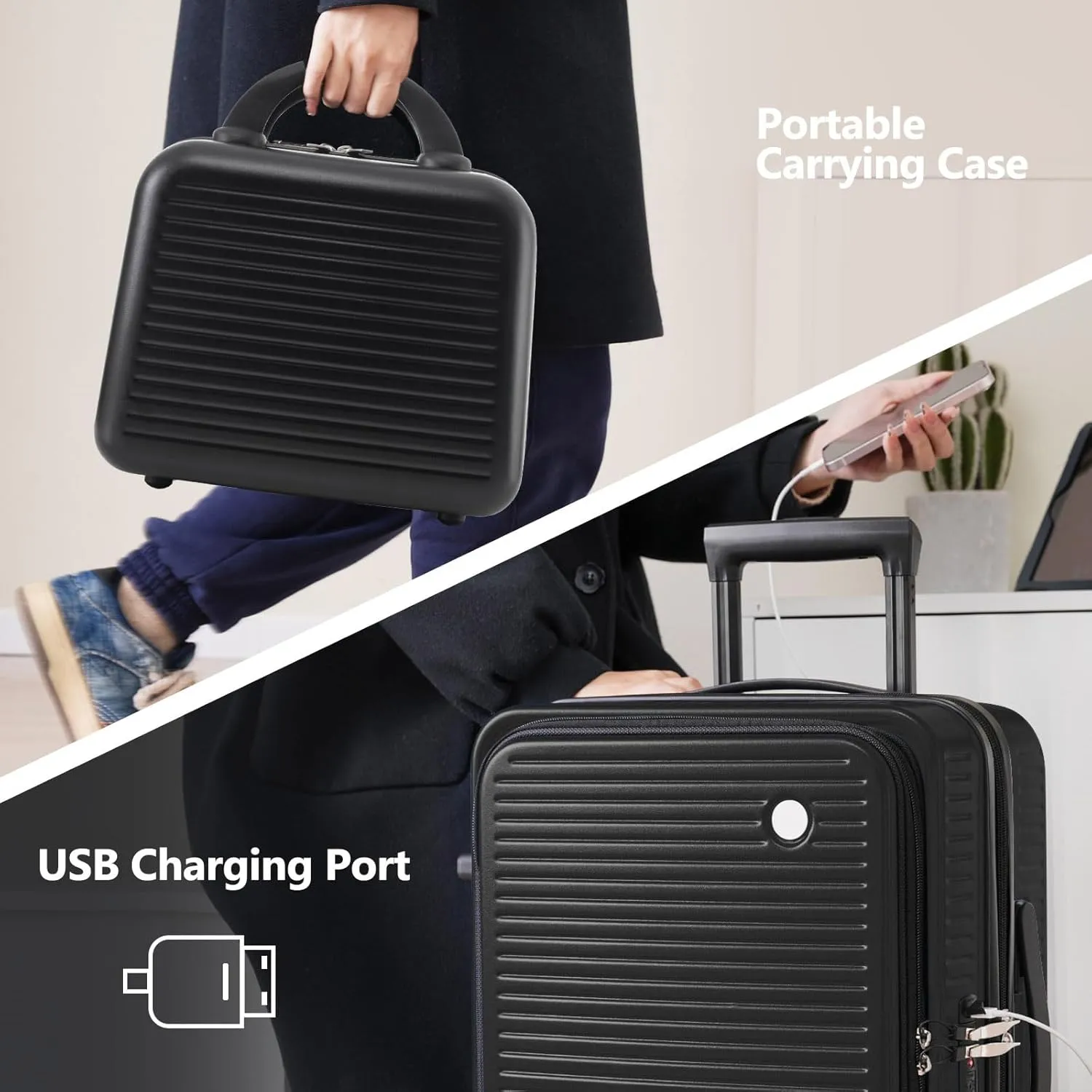 Carry On Luggage, 20 Inch Front Open Luggage with Front Pocket, Lightweight Suitcase with USB Port & Portable Carrying Case, Hardside Expandable with Spinner Wheels & TSA lock (Black)