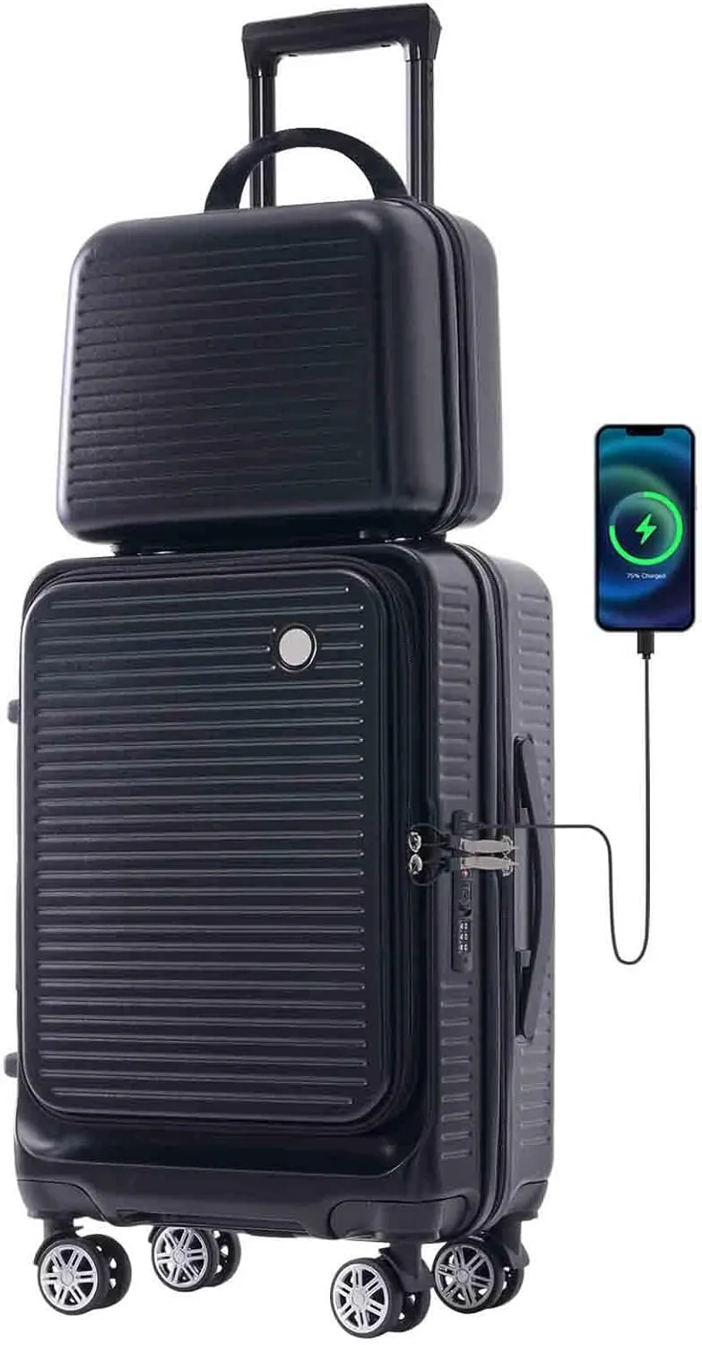 Carry On Luggage, 20 Inch Front Open Luggage with Front Pocket, Lightweight Suitcase with USB Port & Portable Carrying Case, Hardside Expandable with Spinner Wheels & TSA lock (Black)