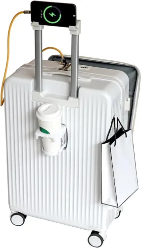 Carry on Luggage, with Spinner Wheels & Built-in Lock, Durable 24 Inch Front Open Carry on Suitcase, with Cup Holder, USB Port & Phone Holder (White)
