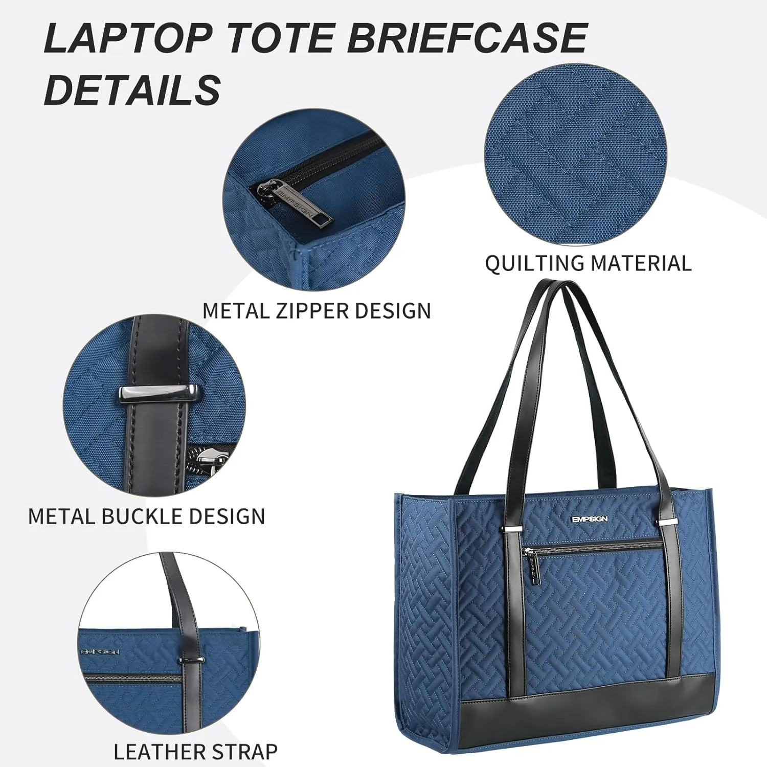 EMPSIGN Laptop Tote bag for women 16 Inch, Stylish Computer Shoulder Tote Bag for Work, Large Capacity Quilted Laptop Briefcase, Waterproof Women Business Office Bag, Quilted Haze Blue