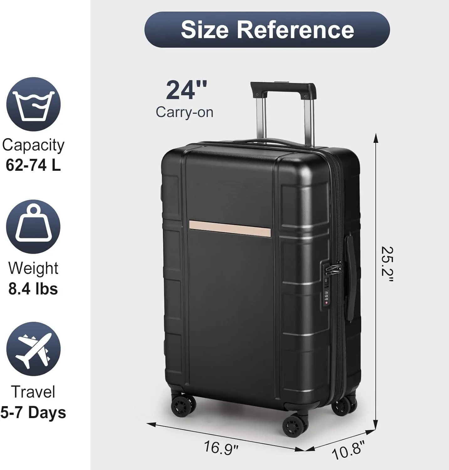 Expandable 24 inch Checked Luggage, ABS PC HardShell Medium Check-in Suitcase with Wheels, Waterproof Durable Rolling Suitcase with TSA Lock for Travel Business - Black, 24In