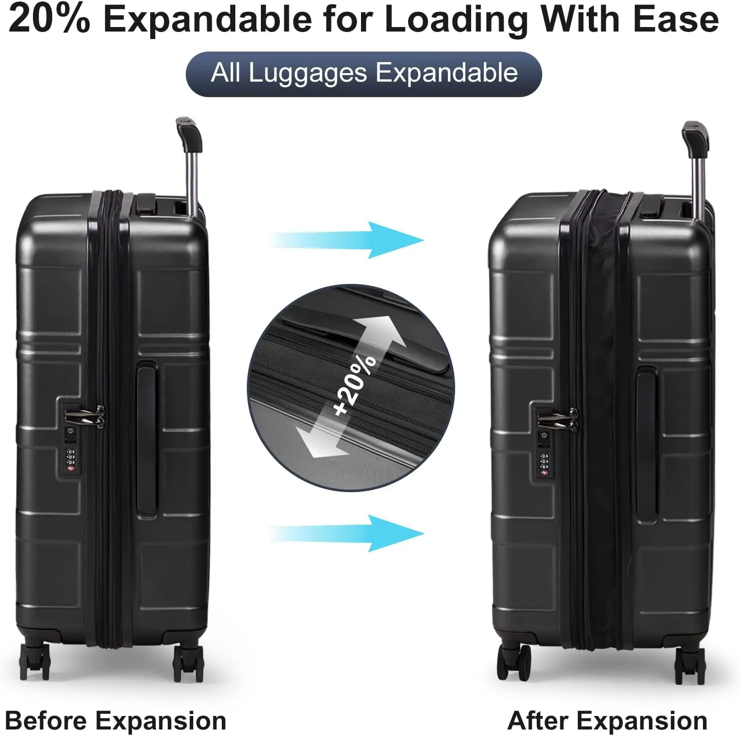 Expandable 24 inch Checked Luggage, ABS PC HardShell Medium Check-in Suitcase with Wheels, Waterproof Durable Rolling Suitcase with TSA Lock for Travel Business - Black, 24In