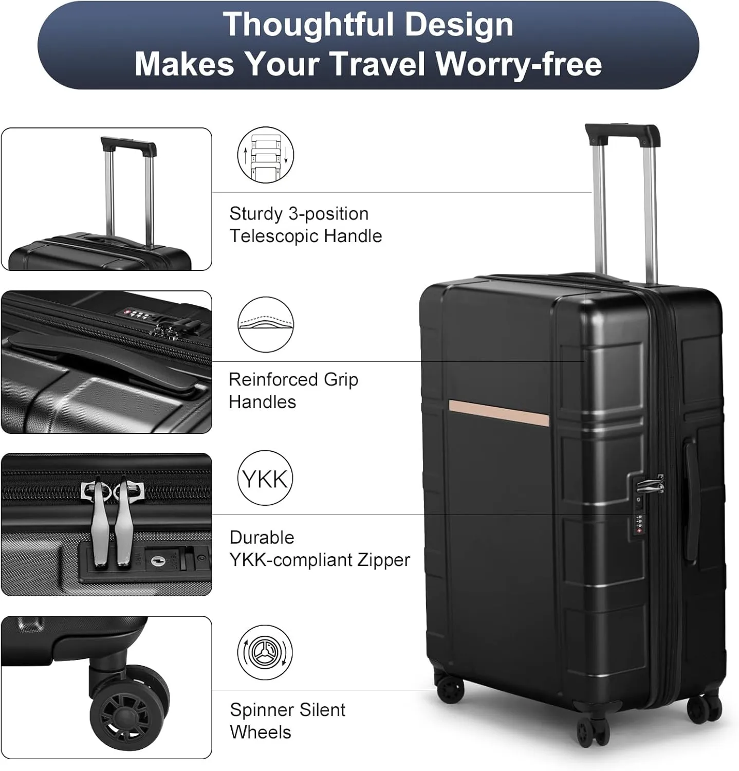 Expandable 24 inch Checked Luggage, ABS PC HardShell Medium Check-in Suitcase with Wheels, Waterproof Durable Rolling Suitcase with TSA Lock for Travel Business - Black, 24In