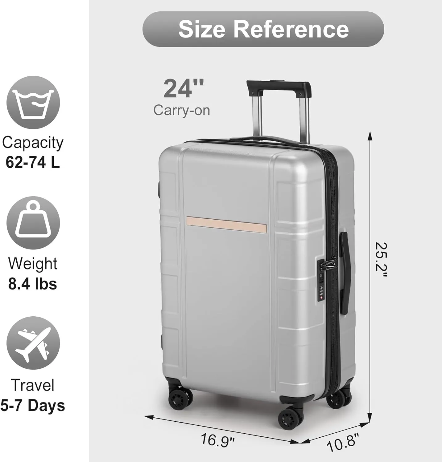 Expandable 24 inch Checked Luggage, ABS PC HardShell Medium Check-in Suitcase with Wheels, Waterproof Durable Rolling Suitcase with TSA Lock for Travel Business - Silver Gray, 24In