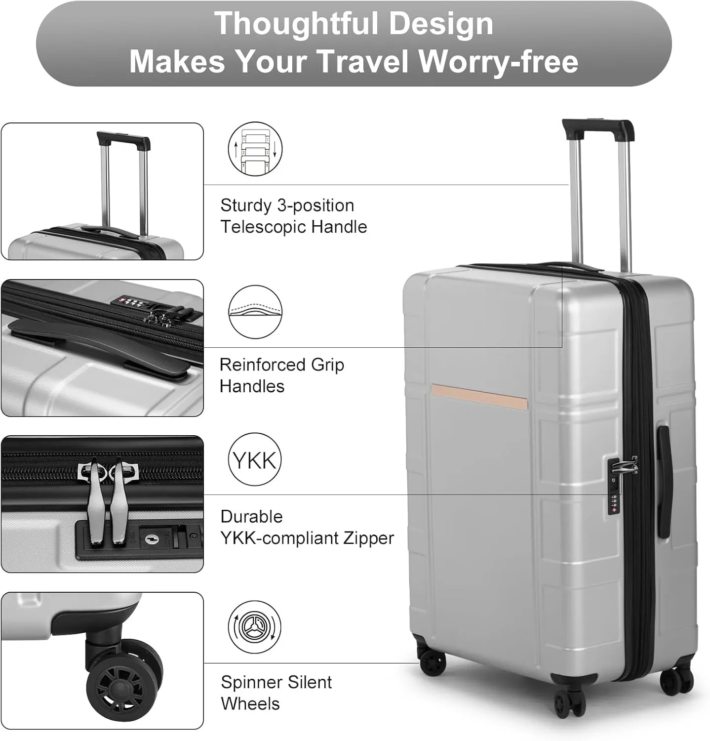 Expandable 24 inch Checked Luggage, ABS PC HardShell Medium Check-in Suitcase with Wheels, Waterproof Durable Rolling Suitcase with TSA Lock for Travel Business - Silver Gray, 24In
