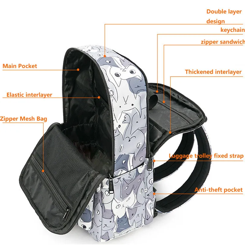 Gray White Cat Backpacks Girls Boys Anti-theft Water Resistant Bookbag