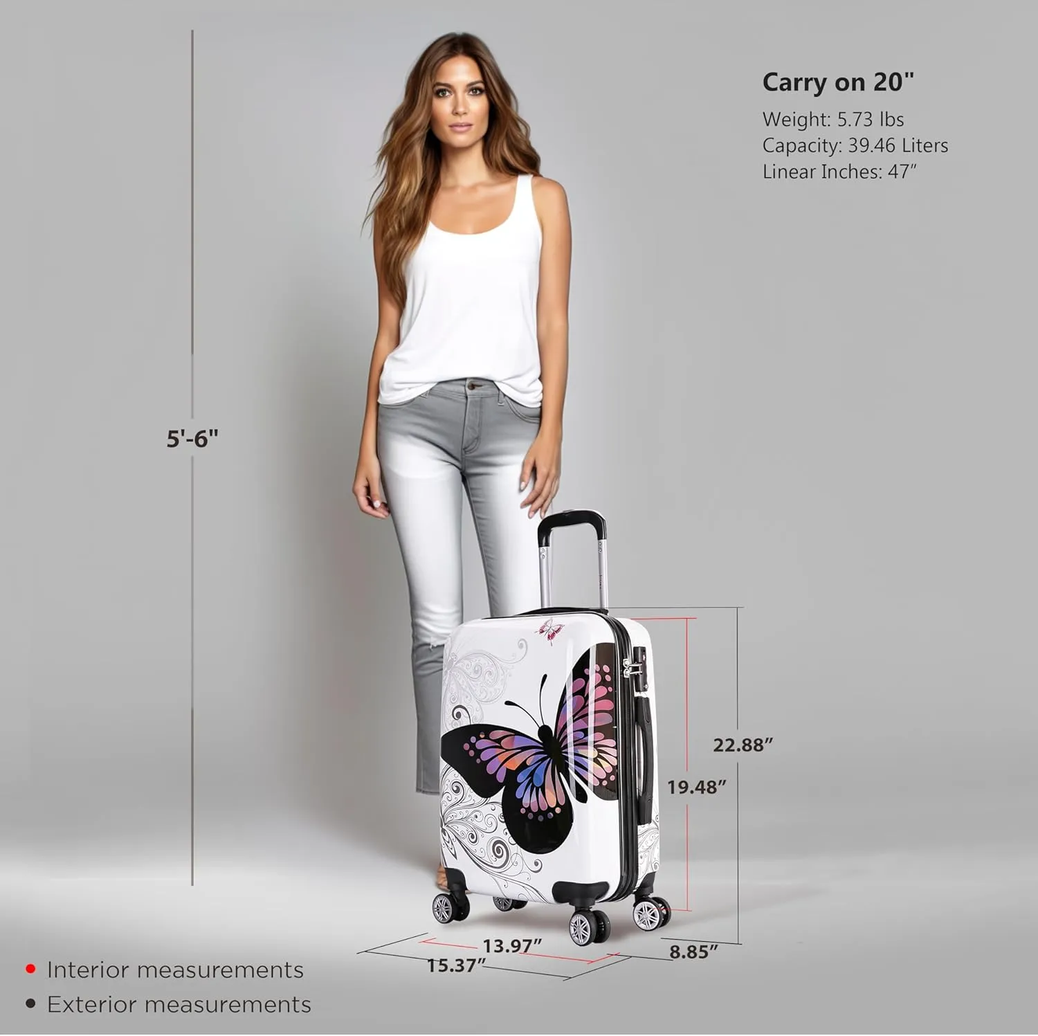 InUSA Butterfly Print Luggage with Spinner Wheels | Durable Lightweight Hardside Suitcase | Travel Bag with Handle and Trolley | 20 Inch Carry-On Spinner Luggage