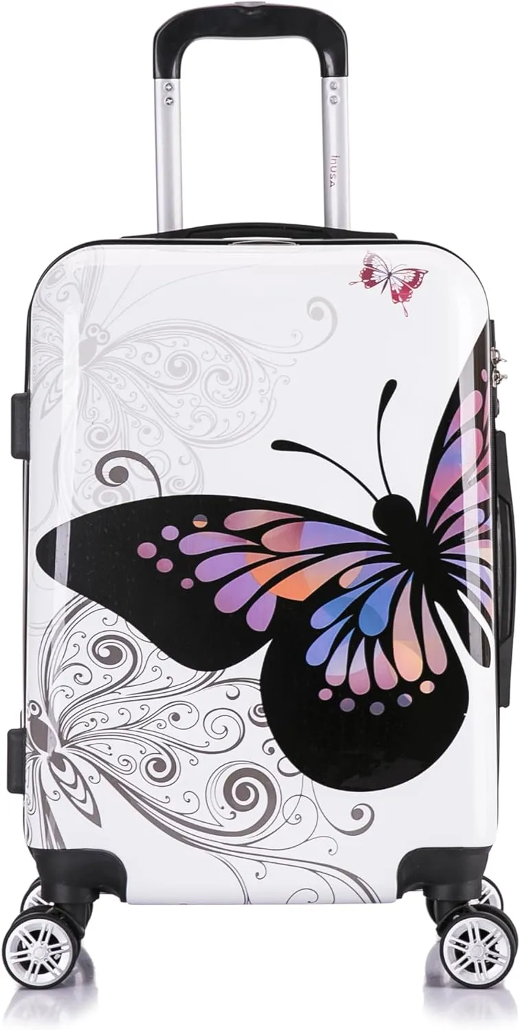 InUSA Butterfly Print Luggage with Spinner Wheels | Durable Lightweight Hardside Suitcase | Travel Bag with Handle and Trolley | 20 Inch Carry-On Spinner Luggage