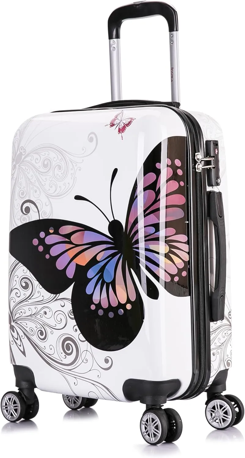 InUSA Butterfly Print Luggage with Spinner Wheels | Durable Lightweight Hardside Suitcase | Travel Bag with Handle and Trolley | 20 Inch Carry-On Spinner Luggage