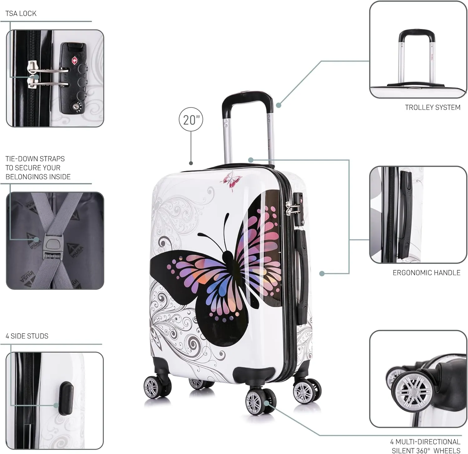 InUSA Butterfly Print Luggage with Spinner Wheels | Durable Lightweight Hardside Suitcase | Travel Bag with Handle and Trolley | 20 Inch Carry-On Spinner Luggage