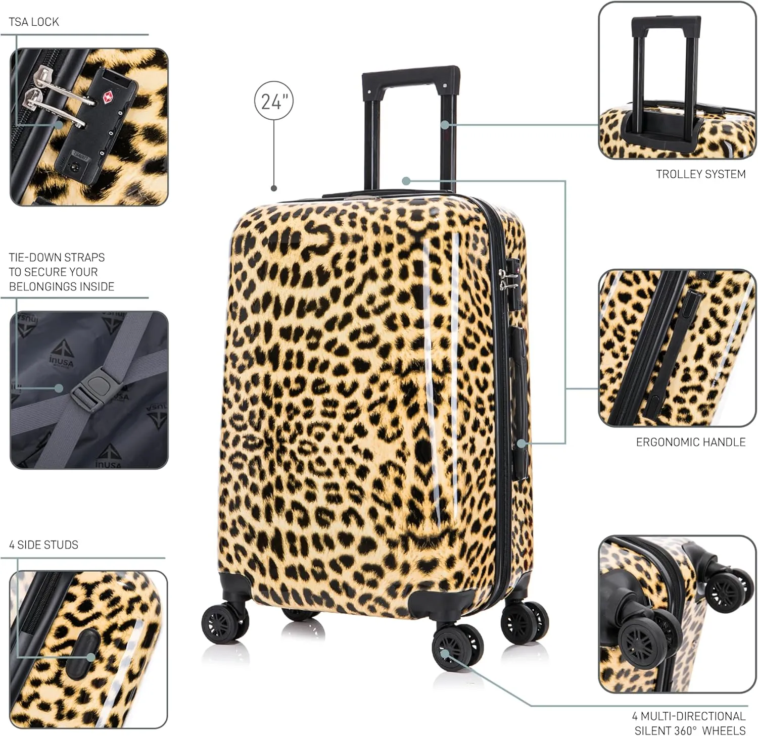 InUSA Cheetah Print Luggage with Spinner Wheels | Durable Lightweight Hardside Suitcase | Travel Bag with Handle and Trolley | 24-Inch Medium Checked luggage