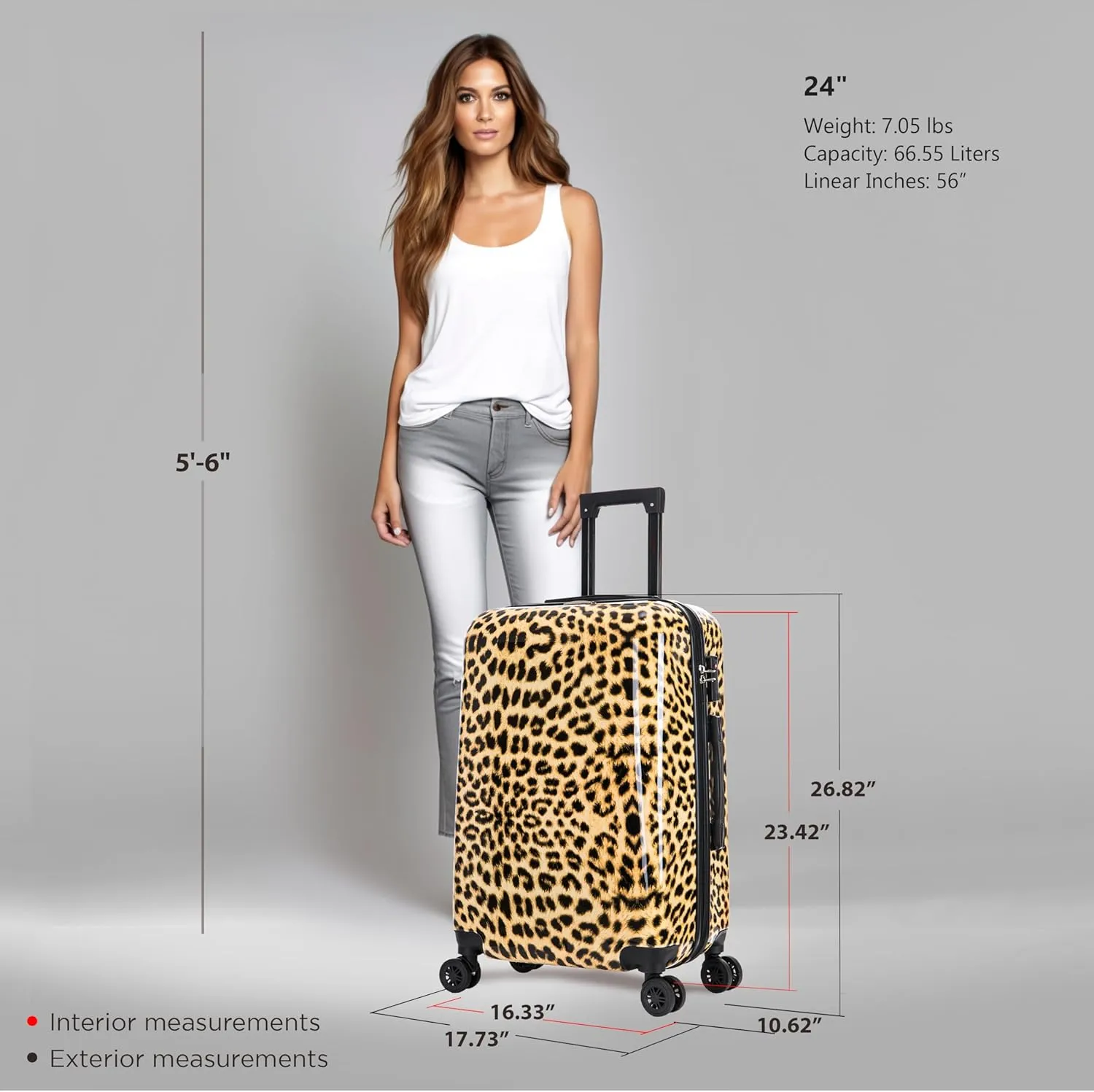 InUSA Cheetah Print Luggage with Spinner Wheels | Durable Lightweight Hardside Suitcase | Travel Bag with Handle and Trolley | 24-Inch Medium Checked luggage