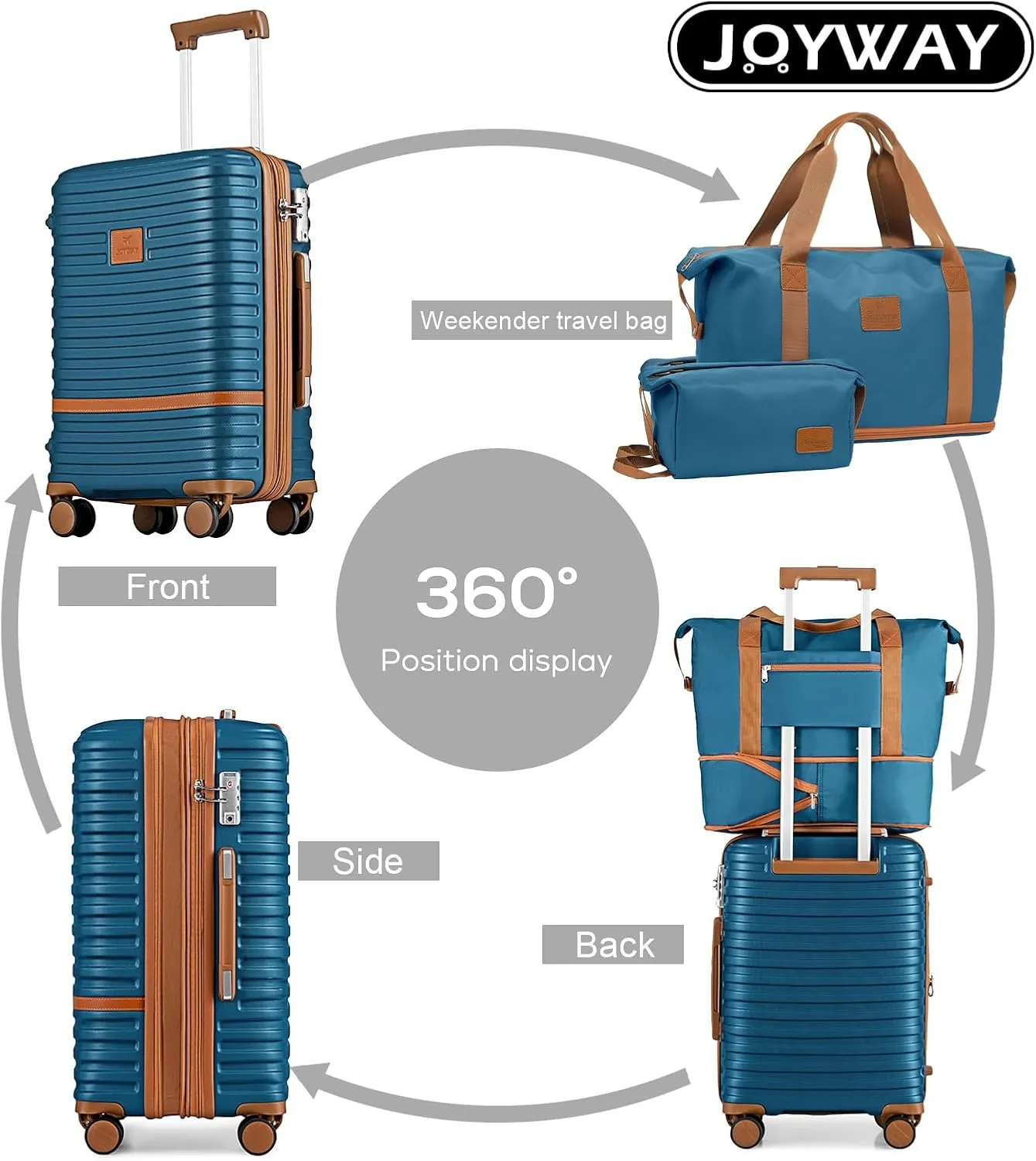 Joyway Luggage Set 3 Piece Suitcase Sets with Spinner Wheel,Hardside Expandable Travel Laggage with TSA Lock (13/20/24/28 Blue brown