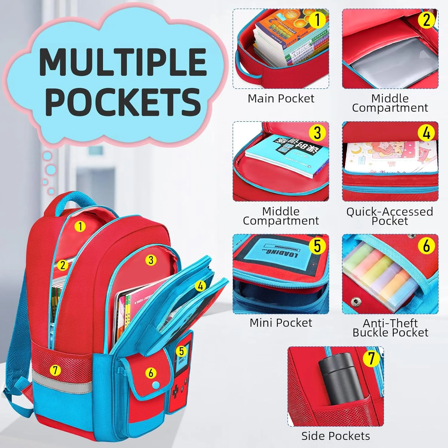 Kids Backpack for Boys - 3pcs Gamer Boys Backpack with Lunch Box Set for Elementary Middle School - Students Bag for Ages 6-18,17″ Video Game Bookbag Travel Back Pack