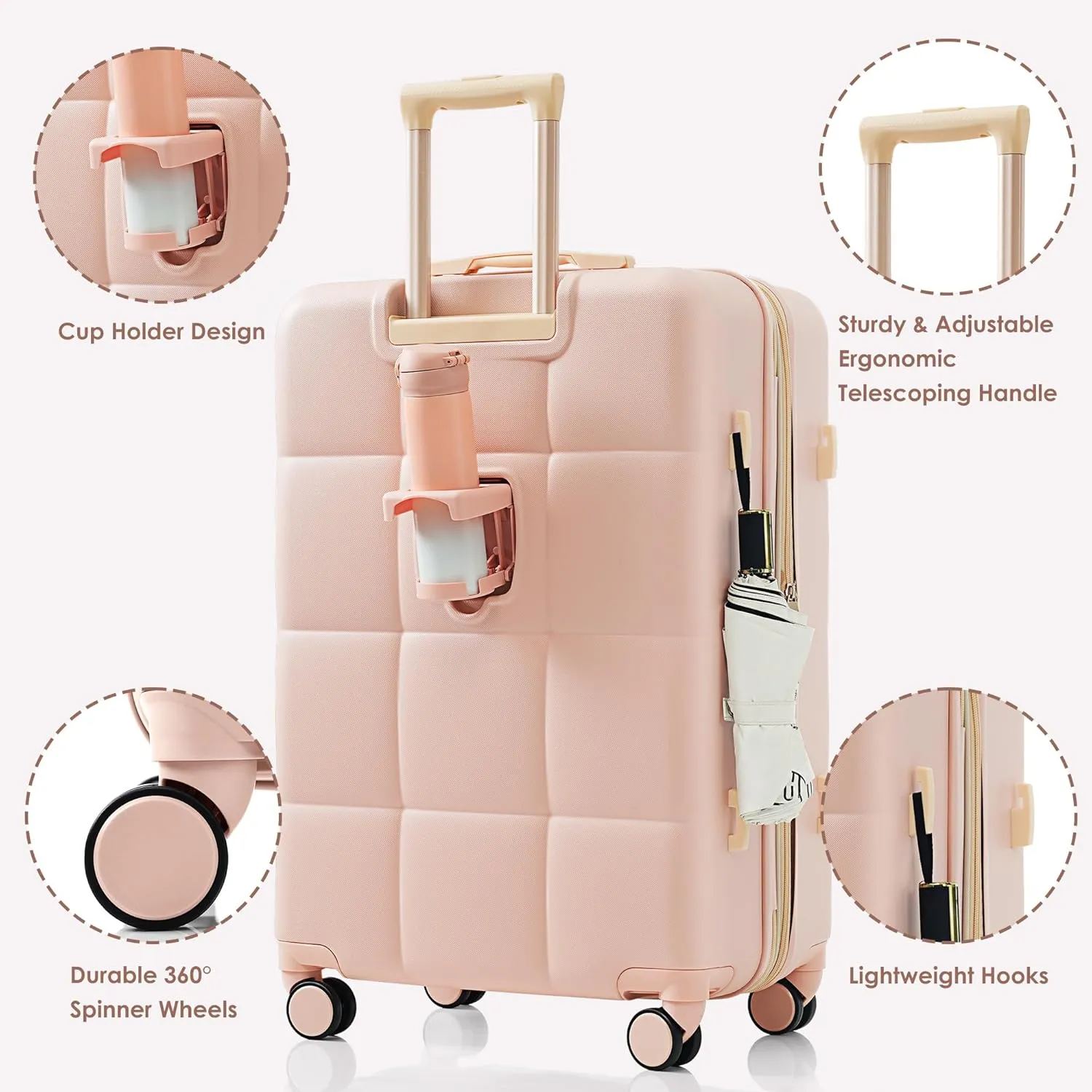 Merax Luggage Set of 3, 20 Carry-on Suitcase with USB Port, ASB Hard Shell Luggage with Cup Holder, Spinner Wheels and TSA Lock, 202428, Pink