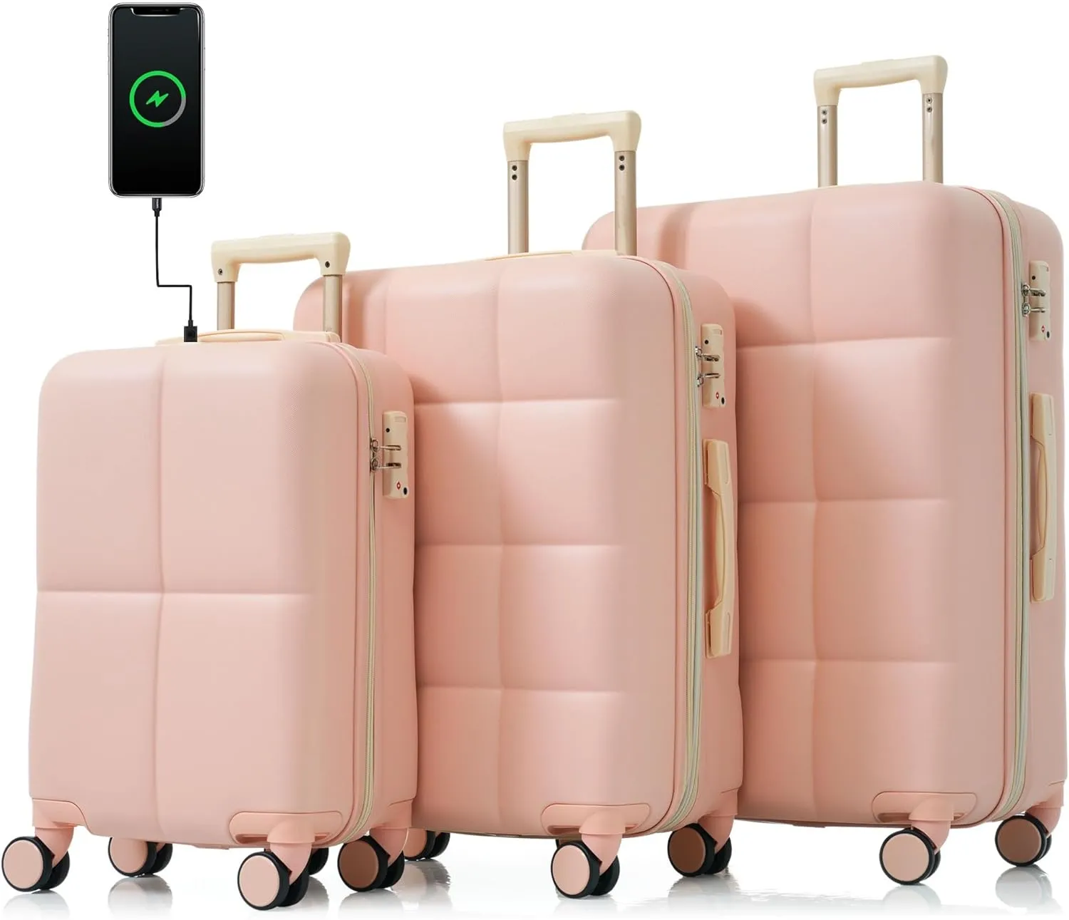 Merax Luggage Set of 3, 20 Carry-on Suitcase with USB Port, ASB Hard Shell Luggage with Cup Holder, Spinner Wheels and TSA Lock, 202428, Pink