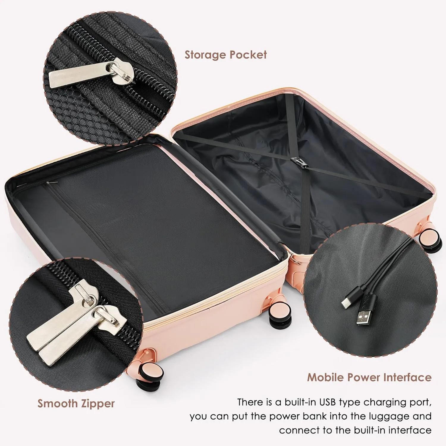 Merax Luggage Set of 3, 20 Carry-on Suitcase with USB Port, ASB Hard Shell Luggage with Cup Holder, Spinner Wheels and TSA Lock, 202428, Pink