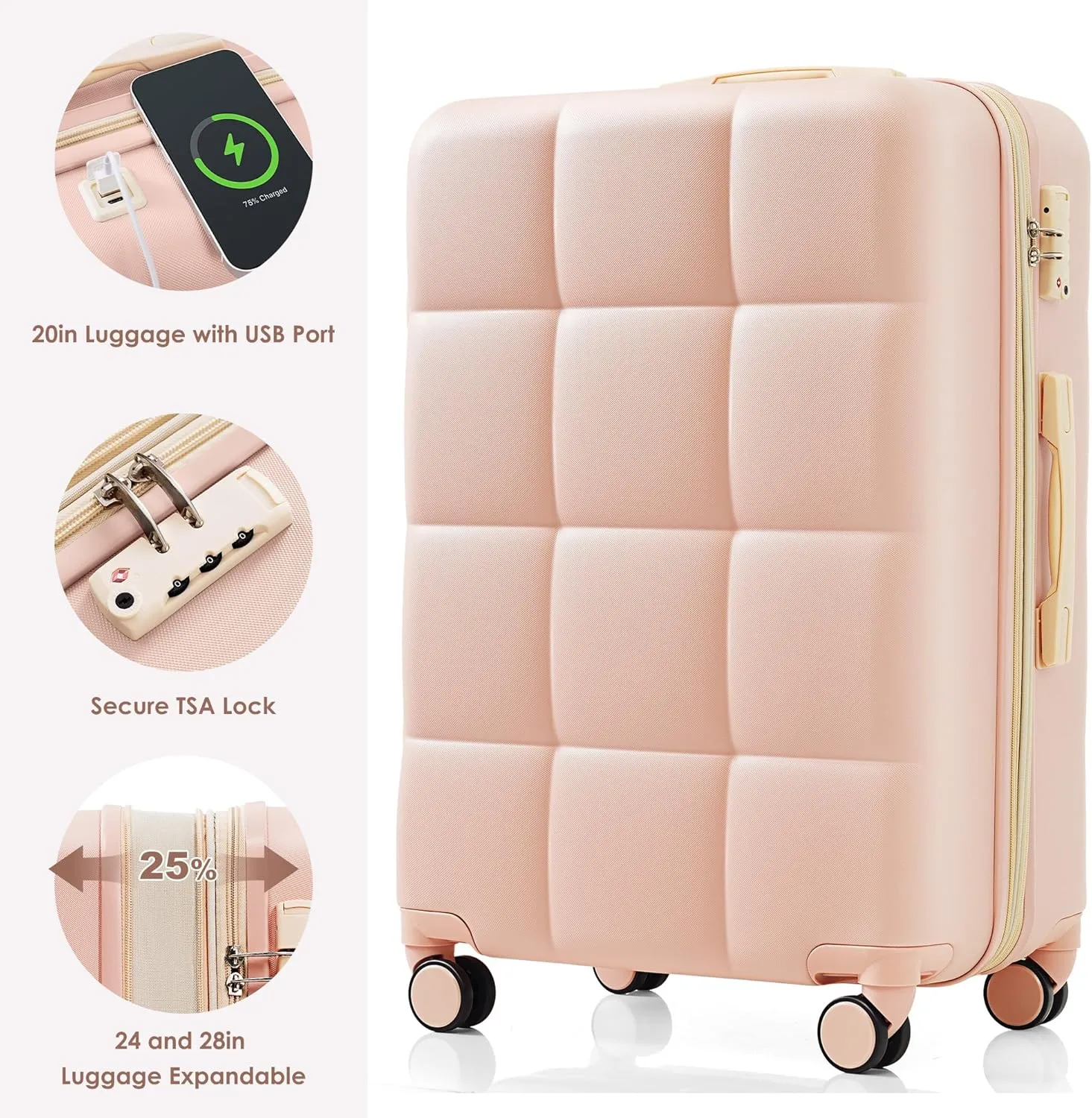Merax Luggage Set of 3, 20 Carry-on Suitcase with USB Port, ASB Hard Shell Luggage with Cup Holder, Spinner Wheels and TSA Lock, 202428, Pink