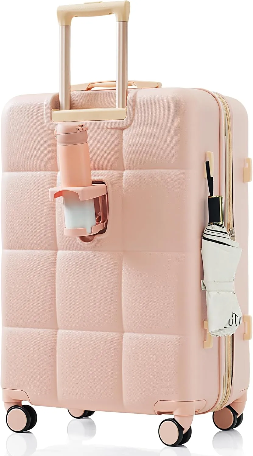 Merax Luggage Set of 3, 20 Carry-on Suitcase with USB Port, ASB Hard Shell Luggage with Cup Holder, Spinner Wheels and TSA Lock, 202428, Pink