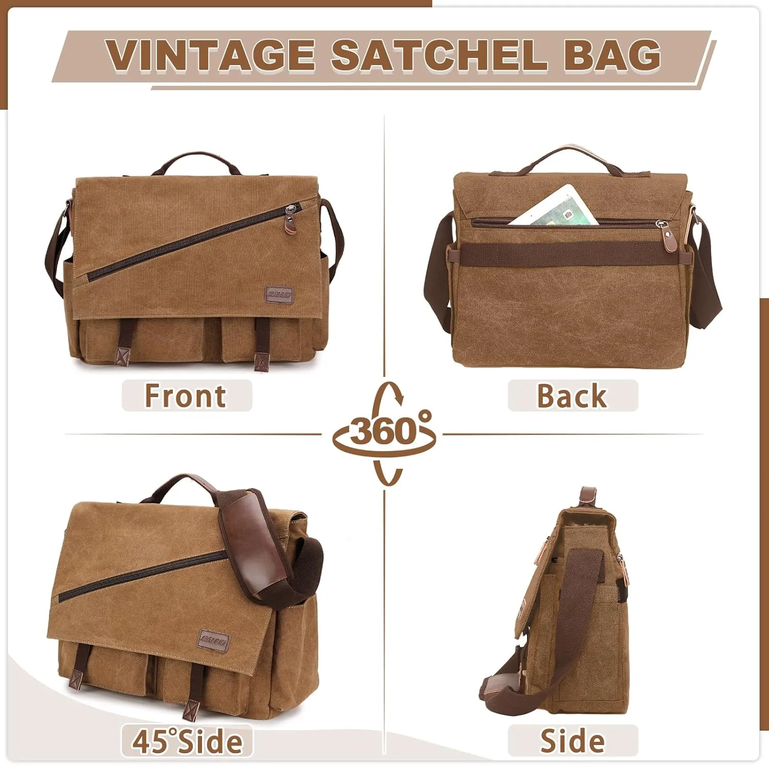 Messenger Bag for Men,Water Resistant Canvas Satchel 14 15.6 17 Inch Laptop Briefcases Business Shoulder Bag by RAVUO