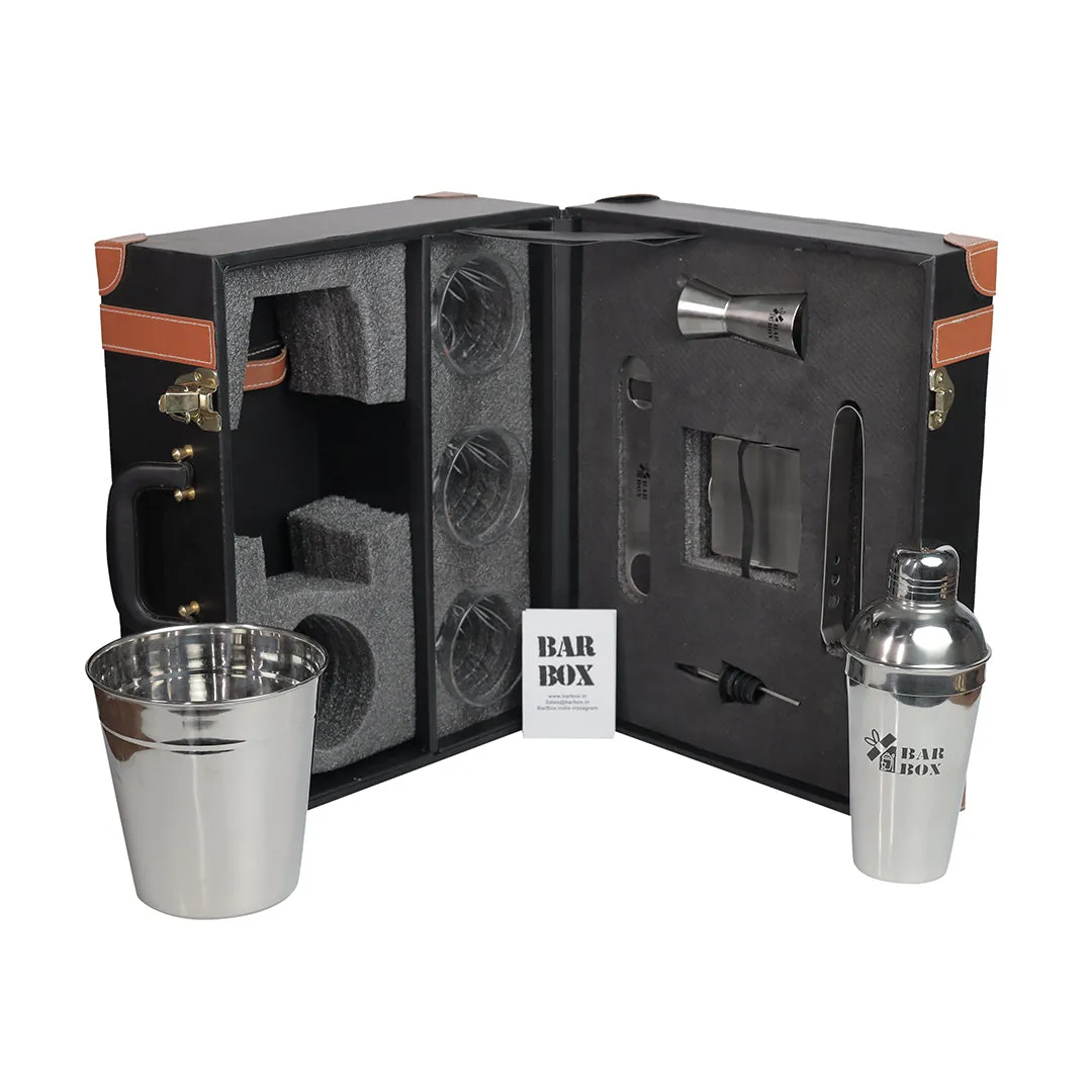 Portable Bar Set in Leather case with 3 Whiskey Glass(Vintage Black)