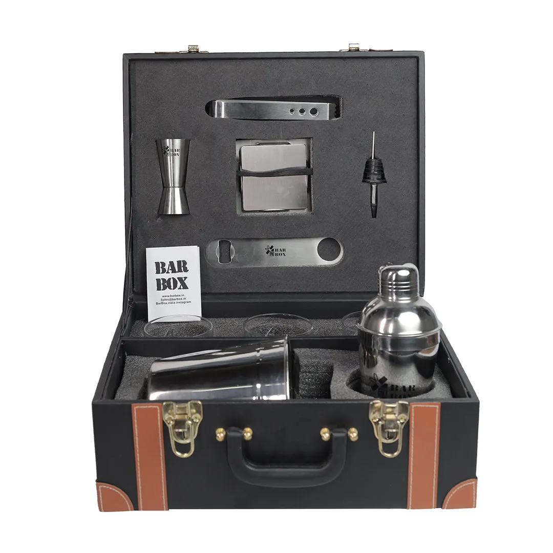 Portable Bar Set in Leather case with 3 Whiskey Glass(Vintage Black)