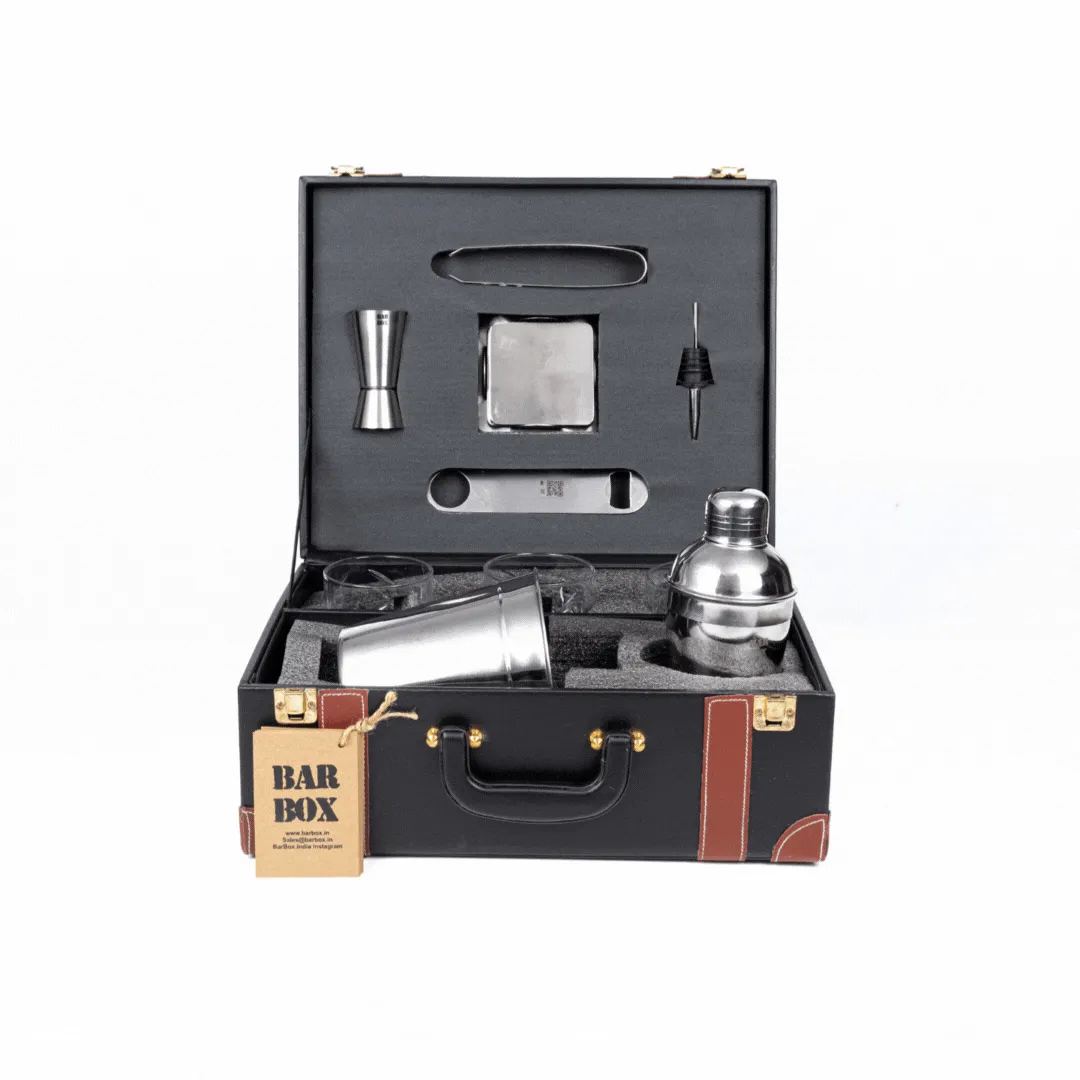 Portable Bar Set in Leather case with 3 Whiskey Glass(Vintage Black)