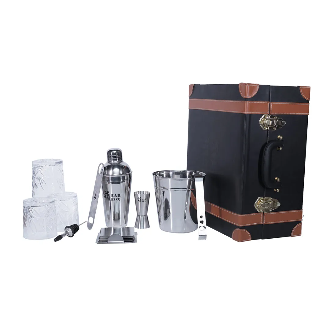 Portable Bar Set in Leather case with 3 Whiskey Glass(Vintage Black)