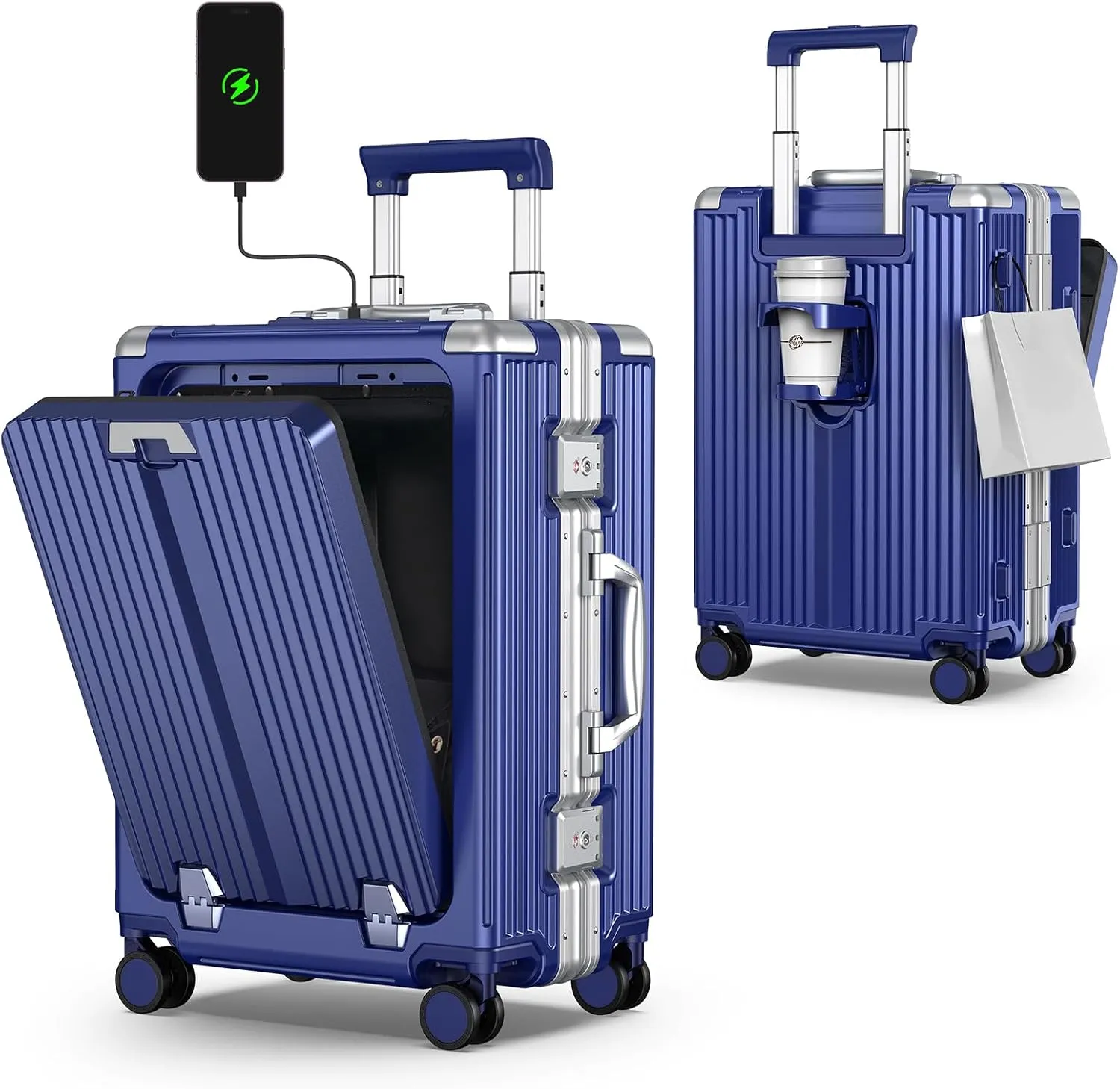 Portable Carry on Luggage Airline Approved, Expandable Luggage with Wheels for Trips, Practical Suitcase with Front Pocket  USB Port.(01-Blue)