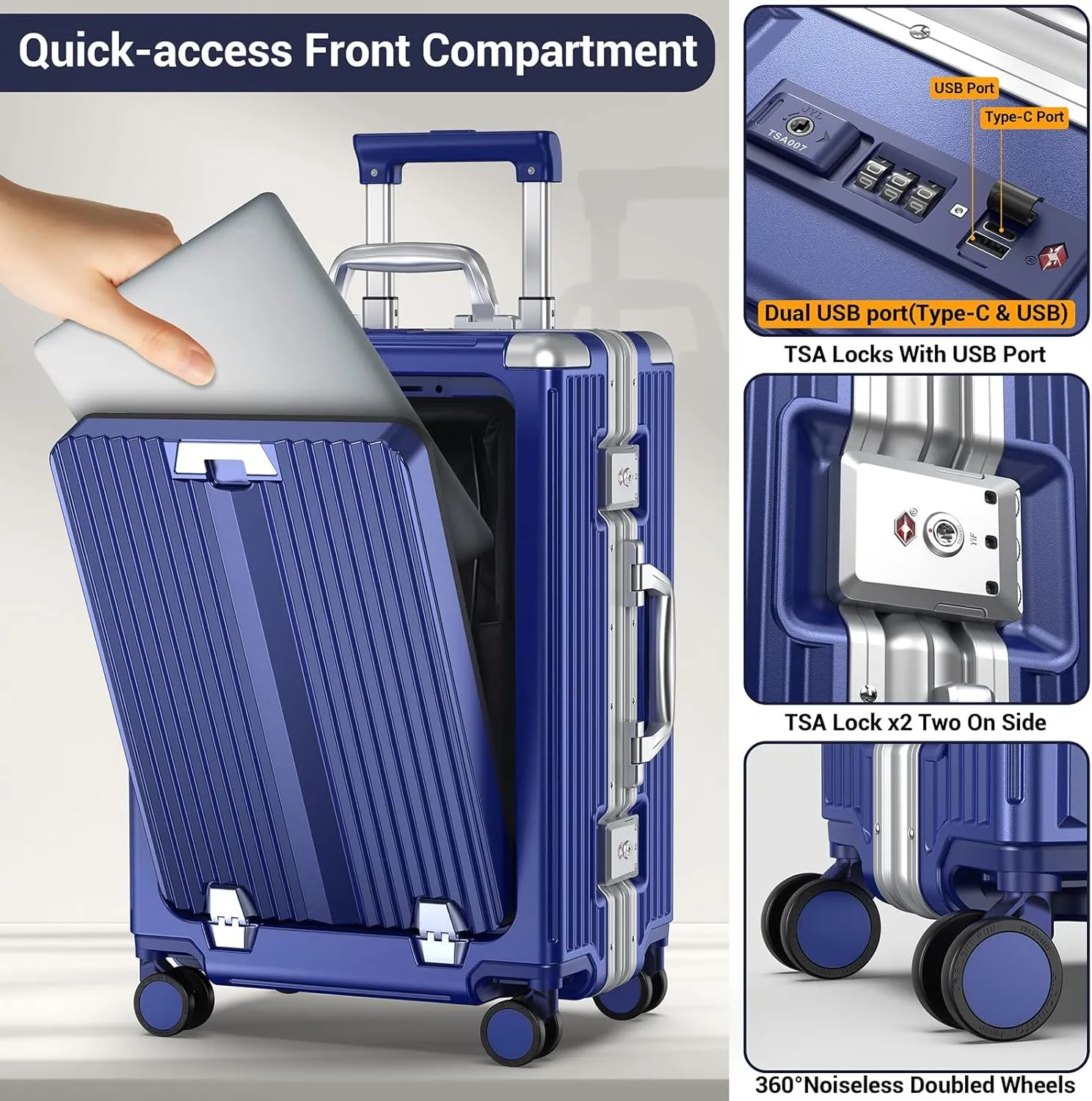 Portable Carry on Luggage Airline Approved, Expandable Luggage with Wheels for Trips, Practical Suitcase with Front Pocket  USB Port.(01-Blue)