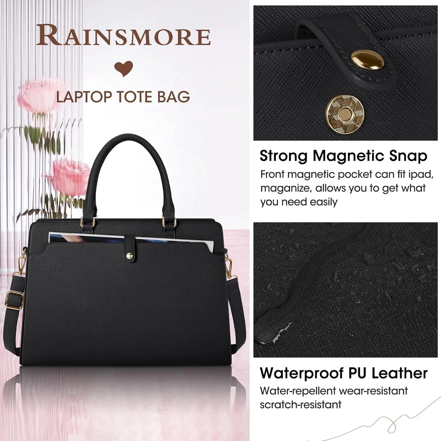 RAINSMORE Laptop Bag for Women 15.6 Inch Laptop Tote Bag Leather Work Bag Waterproof Womens Briefcase Business Office Computer Tote Bag Large Capacity Handbag Shoulder Bag Black