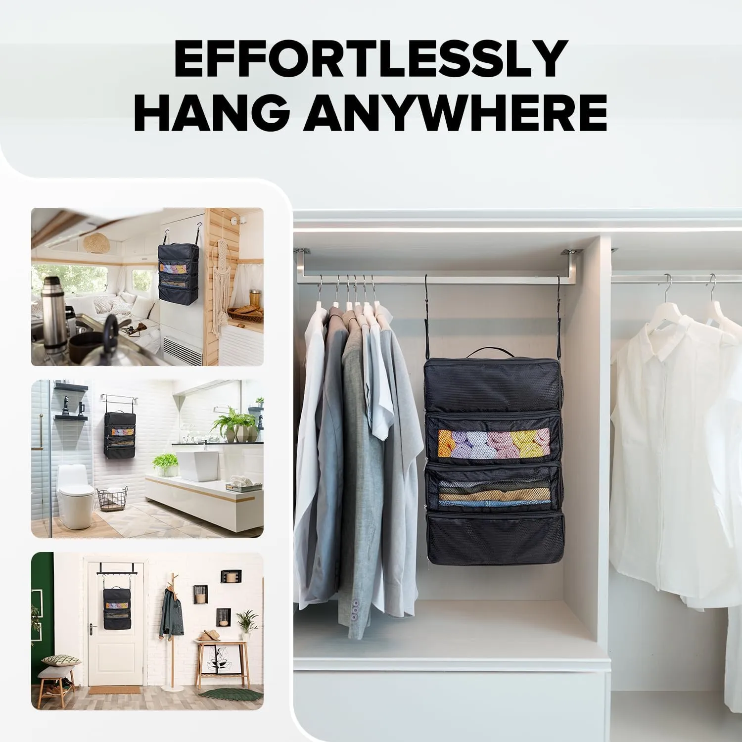 Suitcase Organizer, Travel Luggage Organizer Hanging Shelves Packing Cube Closet/Collapsible Portable Travel Organizer for Carry-on, Black-M, Medium, Modern