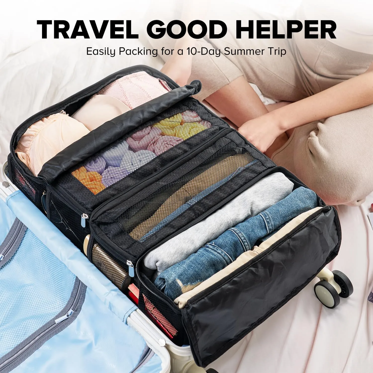 Suitcase Organizer, Travel Luggage Organizer Hanging Shelves Packing Cube Closet/Collapsible Portable Travel Organizer for Carry-on, Black-M, Medium, Modern